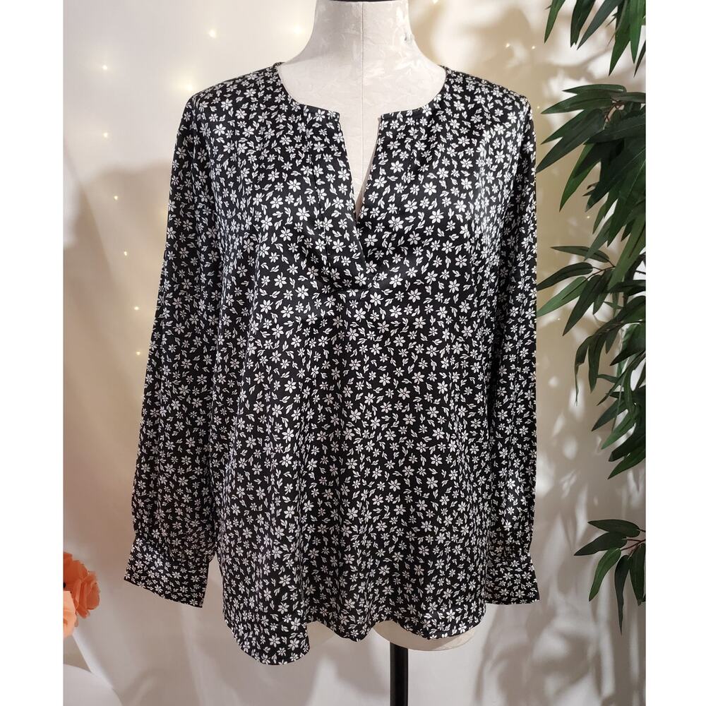 Ann Taylor Womens Ditsy Floral Satin Popover Blouse XL Black Office Career Work
